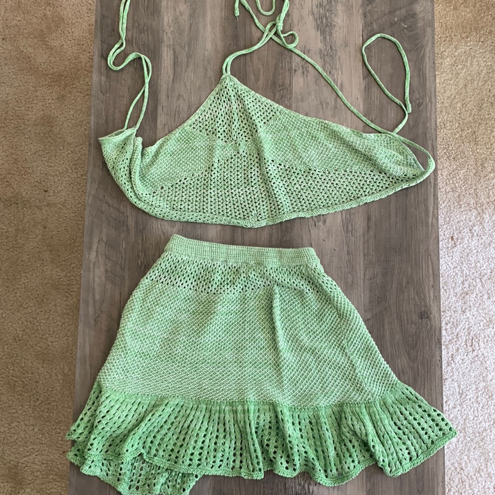 Women’s Green crochet halter mini skirt set